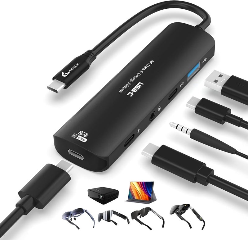 Guermok 5-in-1 USB-C to AR Glasses Adapter, 100W PD Fast Charging, 8K@60Hz Video, USB/USB-C Ports – Works with AR Glasses Devices, Handheld Consoles, Switch, USBC Phones and Laptops, Black - Image 1